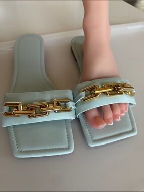 Mint Green Chain-Trim Square-Toe Slide Mules